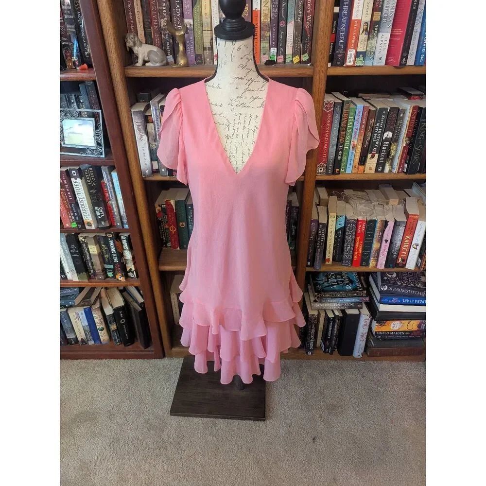 Lauren Ralph Lauren Pink Ruffle Tiered Mini Dress V Neck Puff Sleeve Party 10